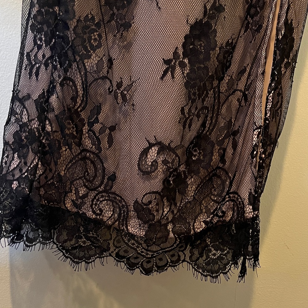 Anthropologie Taupe Satin Slip Dress with Black Lace Overlay - Picture 7 of 8